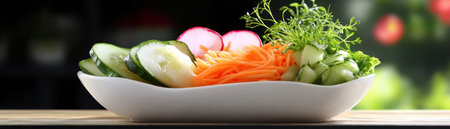 Dive into culinary delight with this Buddha bowl, a vibrant vegan masterpiece showcasing watermelon radish, avocado, cucumber, and microgreens Its meticulous arrangement highlights fresh ingredients, inspiring healthy eating and creative meal planning Perfect for elevating culinary content with artful food photography that promotes a balanced and delicious lifestyle AI Generativeの素材