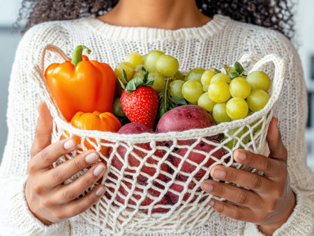 A woman champions sustainable living, showcasing reusable bags brimming with fresh, organic produce She promotes zero waste by shopping local, reducing plastic, and embracing an eco-friendly lifestyle As a conscious consumer, she makes environmentally responsible choices, contributing to a greener planet and minimizing environmental impact through eco-conscious shopping habits AI Generativeの素材