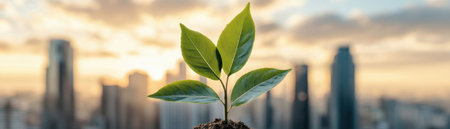 Nature meets innovation in this cityscape, where a seedling defies skyscrapers, symbolizing sustainable urban development It represents a commitment to eco-friendly initiatives, growth, and resilience This powerful image fosters a harmonious blend of urban life and environmental consciousness, paving the way for a brighter, greener future AI Generativeの素材