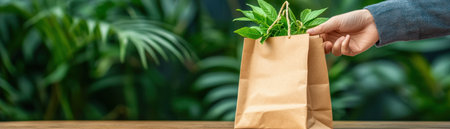Showcasing sustainable packaging, a hand holds a brown takeaway bag, promoting eco-conscious shopping Embrace biodegradable and recyclable materials to reduce waste Choose reusable options, supporting businesses committed to green initiatives and lowering your carbon footprint Make earth-friendly, conscious decisions that preserve resources and build a sustainable future together AI Generativeの素材