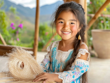 Immerse yourself in Cusco's heart through this evocative portrait An Indigenous Quechua woman weaves a vibrant textile, showcasing Peru's rich heritage and timeless traditions Witness her skillful artistry, passed down through generations This image celebrates Quechua identity and the strength of Indigenous communities, embodying cultural preservation and the warmth woven AI Generativeの素材