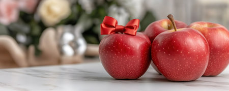 Evoke autumn with this still life showcasing fresh organic apples! A vibrant background of red apples, ideal for natural food themes, sets the stage for four stunning apples One is playfully adorned with a red bow, symbolizing nature's gift Blurred flora and fauna complete the scene, celebrating health, beauty, and AI Generativeの素材
