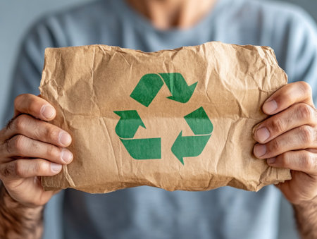 A man powerfully displays a "Recycle and Buy Recycled" banner, embodying environmental consciousness The blurred background focuses attention on the message promoting sustainability This image visually emphasizes the importance of recycling and buying recycled products, urging responsible consumerism and sustainable practices It's a call to action for a greener planet AI Generativeの素材