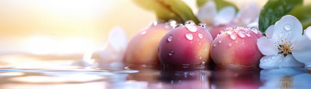 Sun-drenched ripe peaches, glistening with water droplets, embody summer's essence This orchard scene captures the fruit's vibrant colors and delicate fuzz under warm light, creating a mouthwatering image Ideal for backgrounds, food blogs, or advertising natural products, it evokes feelings of warmth, nature, and healthy eating AI Generativeの素材
