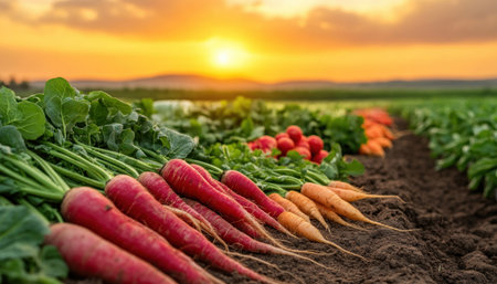 Bathed in golden sunset light, a vibrant farm showcases the bounty of sustainable living Fresh peas, radishes, and beets, organically harvested, overflow with color and texture This picturesque scene captures the beauty of nature's gifts and inspires healthy recipes or agricultural pursuits Experience the essence of organic farming with this AI Generativeの素材