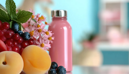Evoke summer's warmth with this vibrant image featuring watermelon, peaches, apricots, blueberries, and mint on a pastel blue background Capture the essence of freshness and relaxation, perfect for food blogs, promotions, and healthy content Brighten your visuals with these ripe, juicy fruits, ideal for creative projects celebrating summer's bounty AI Generativeの素材