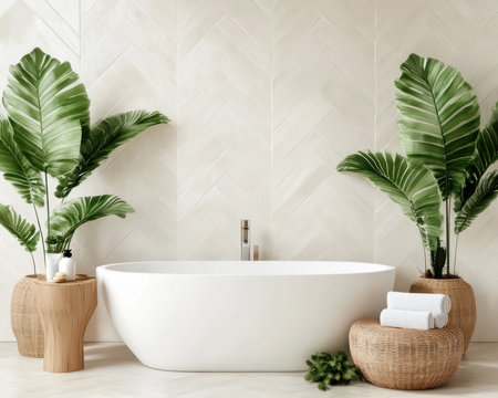 Transform your bathroom into a serene, eco-friendly sanctuary Discover minimalist design ideas bathed in natural light, enhanced by lush green plants Explore sustainable spa experiences with eco-conscious bath products, calming colors, and natural elements Elevate your daily routine with earthy tones, promoting a green lifestyle and the joy of sustainability AI Generativeの素材