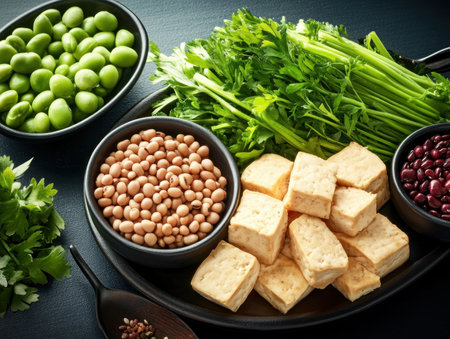 Fuel your body with our delicious and nutritious plant-based protein meal! This well-balanced vegan dish features tofu, legumes, fresh vegetables, and superfood dips, packed with protein and antioxidants Enjoy a flavorful, easy-to-make recipe perfect for lunch or dinner Elevate your health and embrace a vibrant lifestyle with this wholesome culinary AI Generativeの素材