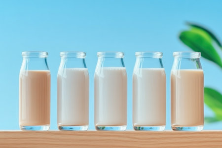 Indulge in the creamy, dairy-free goodness of oat, almond, and soy milk in stylish glass bottles This vibrant flat lay highlights healthy, vegan alternatives perfect for lattes, smoothies, and cooking Enjoy refreshing, sustainable beverages catering to lactose intolerance and vegan lifestyles Experience the rich flavor and texture of ethically sourced AI Generativeの素材