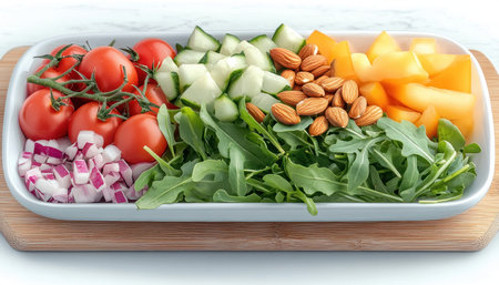 A top-down shot of fresh salad ingredients tomatoes, greens, and nuts on a rustic board captures the essence of healthy eating Vibrant colors and rich textures showcase delicious, wholesome goodness, perfect for inspiring healthy lifestyles and culinary creativity This food photography highlights the beauty of fresh produce and the art of salad AI Generativeの素材