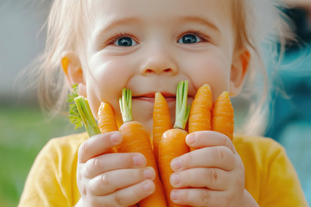 Capture the pure joy of childhood with this heartwarming image of a toddler and homegrown carrots Embrace organic farming and witness the simple pleasures of nature, innocence, and sustainable living Taste the goodness of homegrown produce and cherish these precious memories Share this image and inspire a healthy, happy world AI Generativeの素材