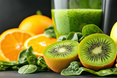 Fuel your vibrant wellness journey with this smoothie image! Spinach, apple, orange, and kiwi blend into a nutritious and refreshing treat Embrace healthy eating and unlock vitality by prioritizing nature's goodness Indulge in invigorating flavors and nourish your body and soul with this captivating visual, inspiring wholesome living AI Generativeの素材