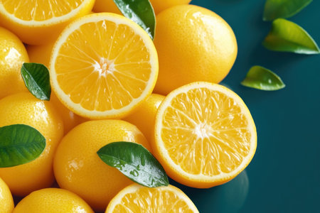 Capture the essence of summer with this vibrant image of fresh orange slices The full-frame, high-angle view showcases the juicy texture and radiant color, perfect for culinary blogs, healthy recipes, and summer promotions Add a touch of freshness to your projects, illustrate healthy eating, or create appealing ads with this AI Generativeの素材