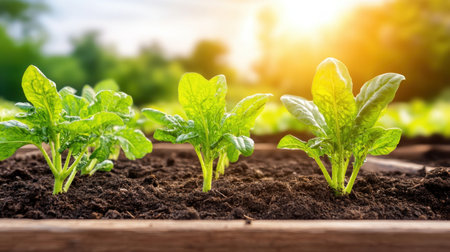 Unearth the joy of sustainable gardening! This image showcases a vibrant vegetable garden thriving in raised beds bathed in sunlight Discover how to cultivate your own organic produce through eco-friendly practices Experience the rewarding journey from seed to harvest and embrace the beauty and abundance of nature's bounty in your AI Generativeの素材