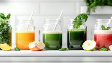 Embrace vibrant health with these colorful, nutritious smoothies in mason jars Packed with spinach, kale, and apple, these healthy blends are perfect for detox, breakfast, or a customizable weight loss aid Enjoy a refreshing boost of fruits and vegetables that energizes your day, strengthens immunity, and makes for a delightful, AI Generativeの素材