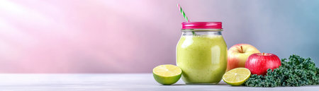 Immerse yourself in raw food's allure with this vibrant green smoothie, showcasing kale, apples, and lime in a glass jar Visualize its refreshing, cleansing power, perfect for a revitalizing start or afternoon boost Experience nature's goodness, beautifully presented, and discover the benefits of this healthy beverage AI Generativeの素材