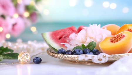 Capture the essence of summer with this vibrant image! Featuring a delightful still life of watermelon, peaches, apricots, blueberries, and mint against a pastel blue backdrop, it evokes warmth and relaxation Perfect for adding a touch of sweetness and sun-kissed vibrancy to your designs Download now and infuse your projects AI Generativeの素材