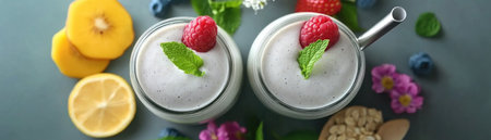 Fuel your vibrant lifestyle with our bottled fresh smoothies! Colorful fruits and vegetables blend into nutritious, delicious recipes perfect for quick energy or meal replacements Discover easy-to-make smoothie creations and learn how to boost your health and vitality with these beautifully presented drinks, all while enjoying a healthy routine AI Generativeの素材