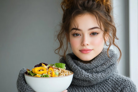 Radiate autumnal wellness with a woman savoring a vibrant Buddha bowl This image embodies mindful eating, featuring a cozy sweater, warm salad, grains, and roasted vegetables It promotes a balanced lifestyle, nourishing both body and soul with wholesome food and simple pleasures Discover healthy living and delicious meals through this AI Generativeの素材