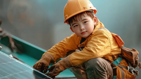 A young professional, helmeted for safety, installs solar panels on a green structure, embodying the future of renewable energy Their precision and dedication showcase a commitment to sustainable practices This image highlights the crucial role of education and mentorship in fostering environmental responsibility, inspiring others to embrace clean energy solutions AI Generativeの素材