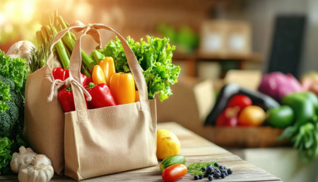 Vibrant, locally sourced produce overflows from reusable bags, symbolizing a commitment to sustainability Embrace a zero-waste lifestyle by supporting local farmers, reducing plastic consumption, and enjoying the freshest seasonal bounty Choose eco-friendly alternatives, nurture your community, and contribute to a greener future Shop local, eat healthy, and join the movement AI Generativeの素材