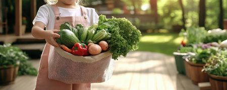 Showcasing a woman with a mesh bag bursting with fresh produce, this image embodies zero-waste shopping and eco-friendly living It promotes conscious consumption, reducing plastic waste and environmental impact Join the sustainable movement, embrace local, ethical food, and inspire others to adopt reusable bags and mindful purchases for a greener AI Generativeの素材