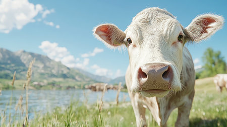 Discover serene countryside farming in this image of peacefully grazing cattle Witness eco-friendly livestock management, prioritizing animal welfare and environmental harmony within the grass-fed beef industry Explore idyllic settings where healthy animals thrive, supported by sustainable agriculture practices Embrace nature's beauty and ethically raised beef, championing a greener future for AI Generativeの素材