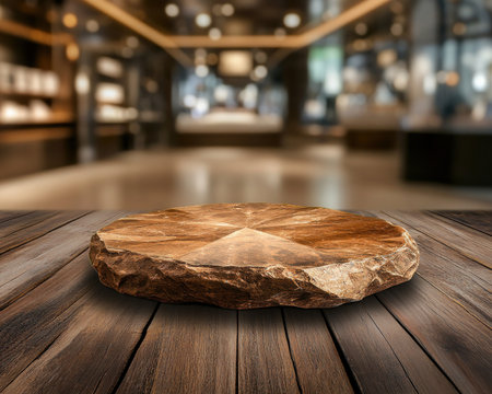 Showcase your products with this vintage-style product display An empty wooden tabletop against a blurred coffee shop interior creates a versatile and inviting platform Its warm tones and modern rustic backdrop enhance any product, making it perfect for high-quality advertising and marketing campaigns that require engaging imagery AI Generativeの素材