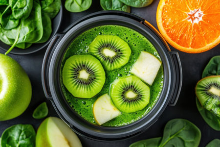 Fuel your health with this vibrant smoothie image! Fresh spinach, apples, oranges, and kiwi blend into a nutritious and delicious beverage Ideal for food blogs and health websites, this eye-catching image showcases the simplicity of wholesome recipes packed with vitamins and antioxidants, promoting vitality and wellness Perfect for healthy eating AI Generativeの素材