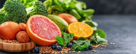 Unlock vibrant health with our superfood diet! Enjoy a curated selection of fruits, vegetables, herbs, seeds, and grains, packed with fiber and vitamins Boost your wellness naturally with these colorful, nutrient-rich foods, easily incorporated into daily meals Nourish your body, promoting energy and vitality Embrace wholesome eating for a healthier, AI Generativeの素材