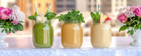 Fuel your body with our delicious green smoothies! This image features three mason jars filled with vibrant blends of spinach, kale, and sweet apple Colorful straws and decorative touches elevate these nutritious drinks, making them perfect for any occasion Sip your way to wellness with this delightful and healthful dose AI Generativeの素材