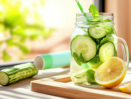 Quench your thirst with vibrant detox water! Lemon, cucumber, and mint infuse refreshing flavor for a healthy boost Ideal for wellness content and mindful eating promotions, this easy-to-make beverage promises clean taste and vibrant colors Download high-resolution images showcasing this recipe on a light wooden background, perfect for your next AI Generativeの素材