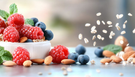 A vibrant flat lay displays a colorful array of superfoods, including fresh berries, nutrient-rich nuts, and diverse seeds Perfect for promoting healthy eating and balanced lifestyles, the image highlights the natural goodness and power of incorporating these foods into your daily diet Fuel your body with nature's best and elevate AI Generativeの素材