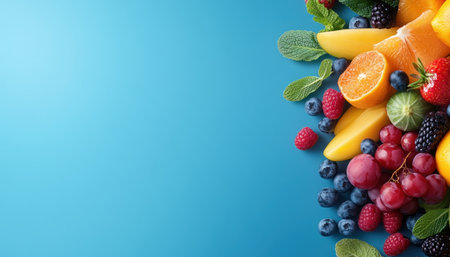 Vibrant and fresh! This stock photo showcases colorful fruits and vegetables against a bright blue backdrop, ideal for nutrition articles, recipe sites, or health product ads Berries, citrus, and leafy greens emphasize healthy choices Ample copy space ensures your text and graphics pop, perfect for marketing and educational wellness materials AI Generativeの素材