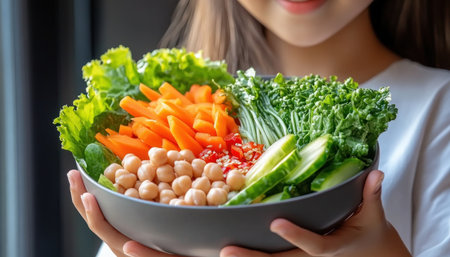 Embrace healthy eating with this vibrant close-up of a woman holding a vegan salad bowl Fresh greens, chickpeas, and colorful vegetables embody nutritious eating and wellness Perfect for promoting healthy recipes, vegan lifestyles, or showcasing fresh ingredients, this image fuels your body with goodness and elevates your mindful food choices AI Generativeの素材