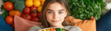 A woman in a cozy sweater enjoys a vibrant vegan Buddha bowl on her comfy couch Fresh hummus, nutritious grains, and roasted vegetables create a healthy, mindful meal This plant-based delight promotes wellness and a balanced lifestyle She savors the flavors while lounging, experiencing ultimate comfort and nourishment in a AI Generativeの素材