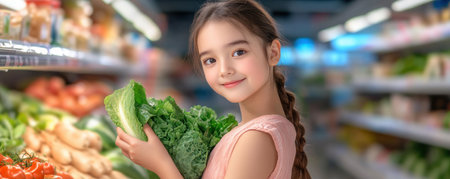 Embrace healthy living with this image of a young woman choosing fresh greens in a vibrant grocery store Representing a plant-based diet and mindful nutrition, it highlights the joy of wholesome food choices Discover wellness and balanced eating, capturing the delight in nurturing optimal health through delicious, organic produce AI Generativeの素材