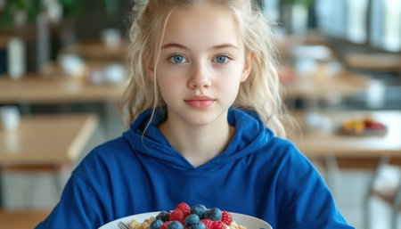 A vibrant young woman enjoys a post-workout oatmeal bowl with berries, embodying a healthy and active lifestyle The image showcases her nutritious ritual, emphasizing the power of simple, antioxidant-rich foods for fueling fitness and nourishing the body It celebrates balanced living and the joy of delicious, healthy eating AI Generativeの素材
