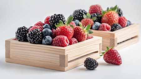 Capture the essence of summer with these vibrant images of fresh strawberries, raspberries, blackberries, and blueberries nestled in eco-friendly wooden baskets Ideal for promoting wellness, seasonal produce, or delicious recipes, these photos evoke joy, abundance, and natural beauty, perfect for diverse creative and commercial projects Embrace healthy eating and sustainable AI Generativeの素材