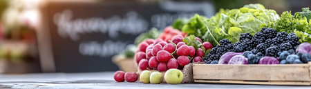 Discover fresh, organic goodness at the farmers market! Chalkboard-style displays highlight seasonal radishes, blackberries, lettuce, and more Support local farmers while creating delicious, nutritious meals Embrace healthy eating with vibrant, naturally grown produce Promote wellness through farm-fresh ingredients and balanced diets AI Generativeの素材