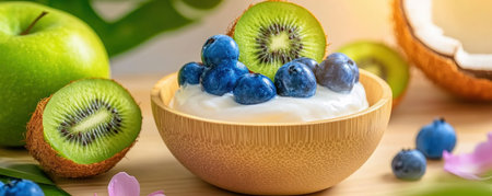 Savor the vibrancy of this dairy-free organic coconut Greek yogurt, nestled in a wooden bowl Topped with fresh tropical fruits, it's a gut-friendly, healthy treat perfect for any time The creamy texture and refreshing fruits offer an irresistible, visually appealing bowl of goodness, ideal for yogurt lovers and health-conscious individuals AI Generativeの素材