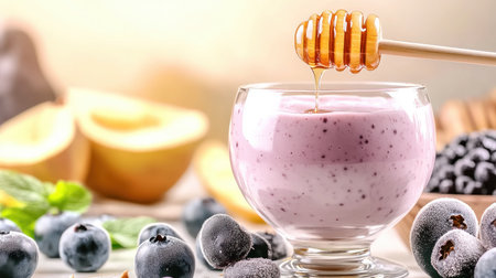 Escape to the Amazon with frozen acai and honey This delicious and healthy smoothie combines tart acai berries, a powerful antioxidant superfood, with the natural sweetness of honey Experience vibrant flavors and a boost of energy in every spoonful It's a guilt-free indulgence, a taste of paradise, and a treat AI Generativeの素材