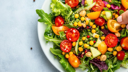 Prioritize your well-being with meal planning! A woman strategically fills her meal plan with fresh, vibrant salad and vegetables, exemplifying healthy eating Discover the power of balanced nutrition and weight management for a vibrant life This image highlights proactive health management using fresh ingredients to achieve your wellness goals Start AI Generativeの素材