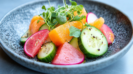Indulge in our vibrant Detox Salad: a culinary masterpiece of watermelon radish, creamy avocado, crisp cucumber, and delicate microgreens Expertly plated with restaurant-style flair, this healthy and visually stunning creation elevates your dining experience A nutrient-rich and flavorful delight, it's the perfect choice for health-conscious foodies seeking a fresh, innovative AI Generativeの素材