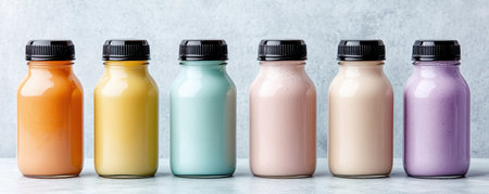 Capture the essence of healthy living with vibrant, colorful smoothies This top-down shot on concrete showcases tropical fruits and vegetables in perfectly arranged bottles Representing clean eating and wholesome lifestyles, these nutrient-packed beverages are ideal for breakfast, snacks, or post-workout recovery, boosting your well-being and energy levels AI Generativeの素材