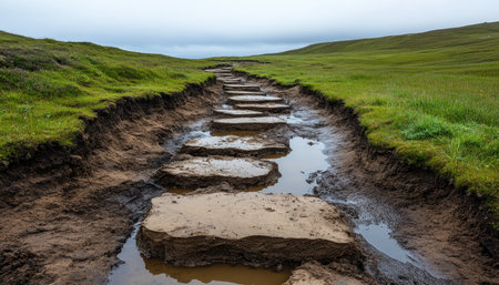 Journey through Ireland's peat bogs, where stunning visuals reveal the environmental impact of traditional turf cutting Witness the delicate balance between beauty and ecological damage as peat extraction threatens biodiversity and carbon storage Observe the textures and colors, understanding the vulnerability and resilience of these vital habitats This visual story AI Generativeの素材