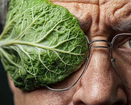 Enter a whimsical world where vegetables meet eyewear! "Man with cabbage leaf and glasses" presents a humorous concept of repurposed objects A quirky image showcasing nature meets fashion in a delightful, thought-provoking art piece Get ready to smile and wonder at this funny, creative take on eye care, offering a AI Generativeの素材