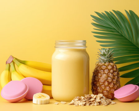 Start your day right with this vibrant vegan banana and oatmeal smoothie Presented in a clean glass jar against a bright backdrop, this creamy blend of bananas, oats, and plant-based milk promises a delicious and healthy boost Ideal for breakfast, snacks, or post-workout recovery, it's a simple, energizing, and satisfying AI Generativeの素材