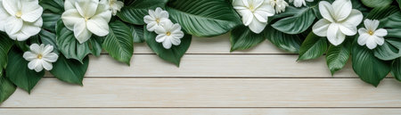 Usher in the new year with this serene image featuring vibrant leaves and delicate white flowers Perfect for eco-friendly cards, health blogs, and sustainable living promotions, it symbolizes growth, renewal, and natural beauty Embrace wellness and inspire a healthy lifestyle with this botanical art, ideal for New Year messages valuing AI Generativeの素材