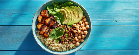 Fuel your body with this vibrant vegan lunch bowl! Creamy avocado, fluffy quinoa, roasted sweet potato, fresh spinach, and hearty chickpeas combine for a flavorful and nutritious meal Packed with essential vitamins and minerals, this colorful bowl supports your clean eating goals Enjoy a healthy, satisfying, and easy-to-make vegan delight AI Generativeの素材